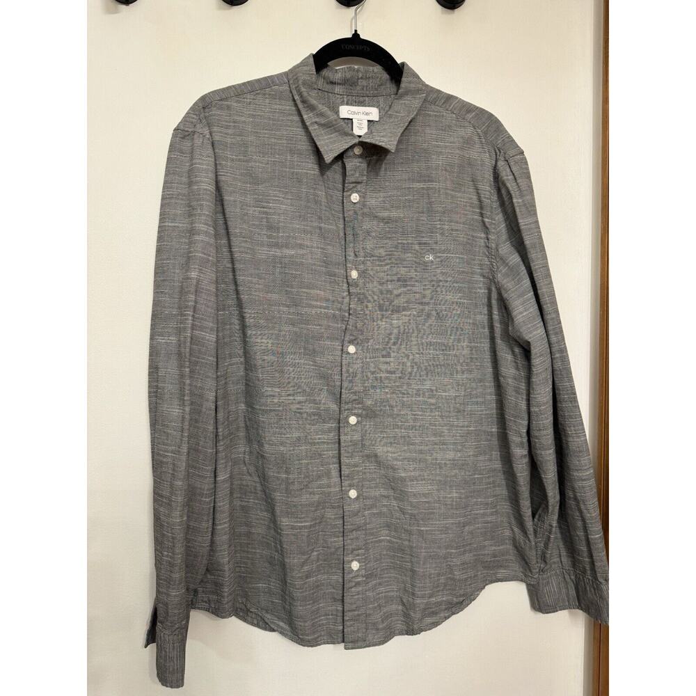 Vintage Calvin Klein CK Embroidered Button Down Shirt Mens XL Grey Cotton